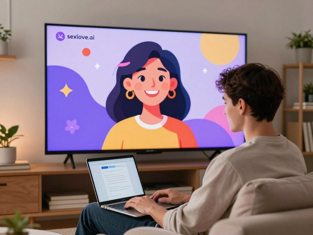 A cozy, modern virtual room with a large screen displaying a friendly AI avatar, representing a virtual girlfriend, smiling warmly. The foreground features a young adult male, casually dressed, sitting comfortably on a stylish couch, focused on the screen, with his hands resting on a laptop keyboard. In the middle, the avatar appears vibrant and engaging, with bright, enchanting colors that convey a sense of personality and warmth. The background shows soft ambient lighting, with shelves filled with books and plants, creating an inviting atmosphere. The overall mood is friendly and approachable, highlighting the excitement of starting a conversation with an AI companion. Ensure the brand logo "sexlove.ai" is subtly integrated into the visual elements, enhancing the image without overpowering the scene. The image should capture the essence of companionship and connection, evoking curiosity and friendliness in viewers.