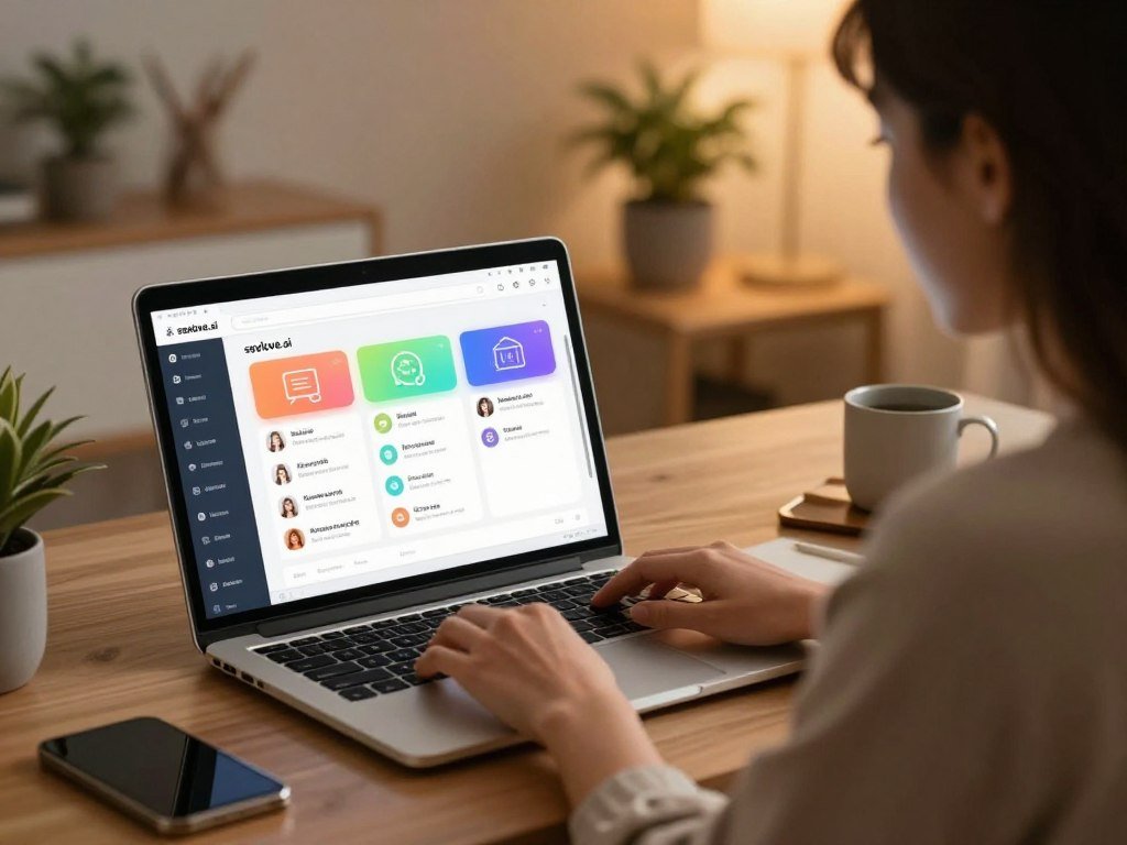 A cozy, modern workspace featuring a woman customizing her AI girlfriend&amp;apos;s personality on a sleek laptop. In the foreground, focus on the woman, dressed in smart casual attire, intently engaged with the screen, where vibrant icons and personality traits are visible. The middle layer showcases the laptop displaying the user interface of "sexlove.ai," with colorful options for customization, like interests, hobbies, and conversation styles. In the background, a softly lit room with warm tones, plants, and personal decor creates an inviting atmosphere. The lighting is warm and diffused, suggesting a late afternoon, enhancing the creative and imaginative mood of personalizing a digital companion.