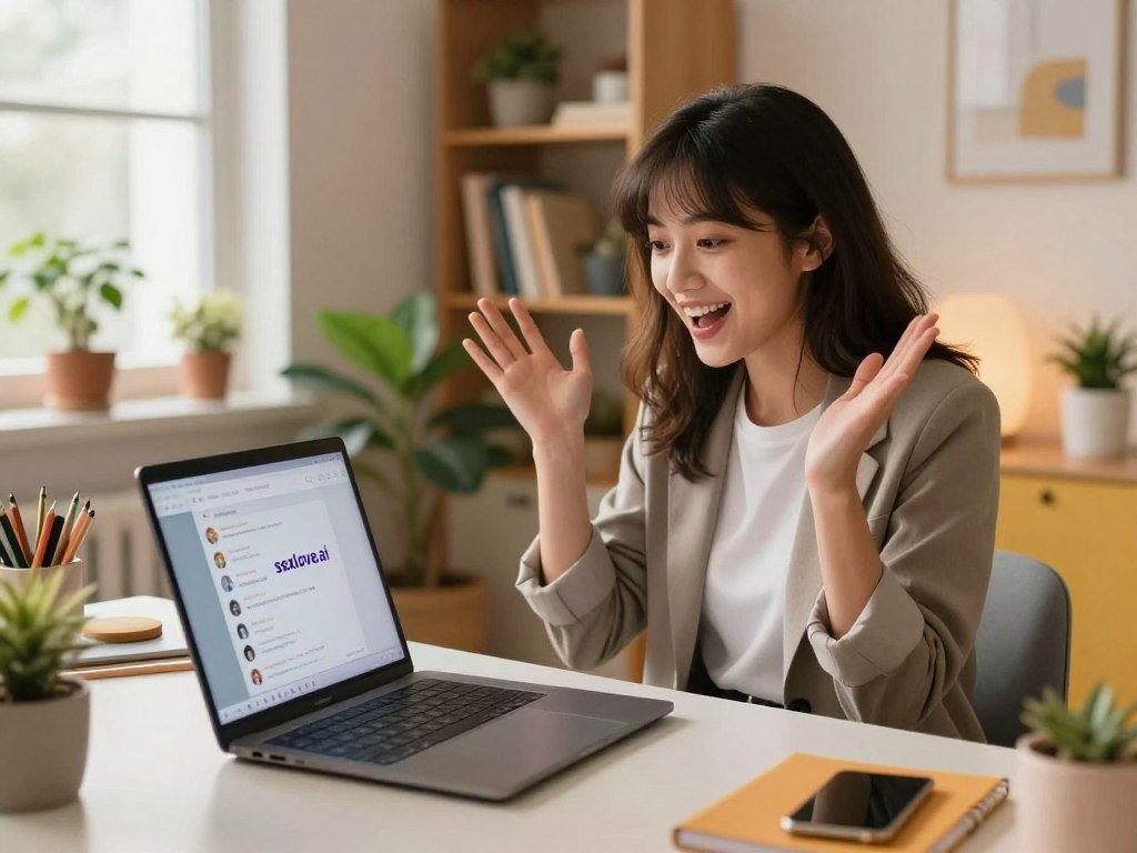 A cozy, modern workspace featuring a young woman, dressed in smart casual attire, engaged in an animated chat on her laptop. She has an enthusiastic expression, radiating joy and excitement. The foreground is filled with the laptop screen glowing softly, displaying a friendly chat interface with the logo "sexlove.ai". In the middle, the woman is seated at a stylish desk with playful desk accessories, surrounded by plants for a vibrant touch. The background shows a well-lit room with warm, inviting colors, a bookshelf filled with books, and a window letting in natural light. The atmosphere is lively yet relaxed, suggesting fun and lighthearted interaction with an AI girlfriend. The camera angle is slightly elevated, capturing the essence of the engaging chat experience.