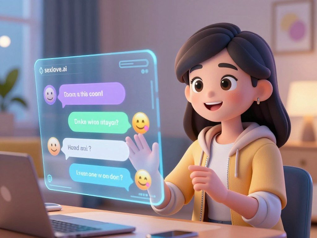 A cozy virtual conversation scene featuring a digital avatar representing an AI girlfriend, designed with a blend of futuristic aesthetics and friendly charm. In the foreground, the AI avatar has bright, expressive eyes and a warm smile, dressed in casual yet stylish attire, engaging warmly with the viewer. In the middle ground, a holographic interface displays animated conversation prompts and emoticons, symbolizing dynamic interactions. The background showcases a modern, tech-inspired living space with soft ambient lighting that creates a welcoming atmosphere. The mood is lively and inviting, emphasizing fun and connection between the user and their AI companion. The vibrant colors and soft gradients add to the playful tone. Include a subtle branding element for "sexlove.ai" integrated into the digital interface.