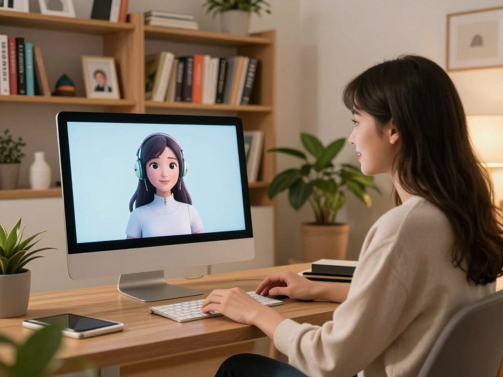 A cozy virtual environment featuring a young woman engaged in a friendly chat with her AI girlfriend on a computer screen. In the foreground, the woman, dressed in casual but smart attire, sits comfortably in a modern, well-lit room, with soft ambient lighting creating a warm atmosphere. The computer displays a friendly, anthropomorphic AI avatar, designed with a futuristic yet approachable style. In the middle, bookshelves filled with colorful books and a few personal mementos add to the inviting setting. In the background, lush indoor plants bring life to the room. The scene should evoke feelings of companionship and fun, depicting the interaction as both engaging and lighthearted. Incorporate the brand name "sexlove.ai" subtly within the scene, ensuring it complements the mood without detracting from the focus.