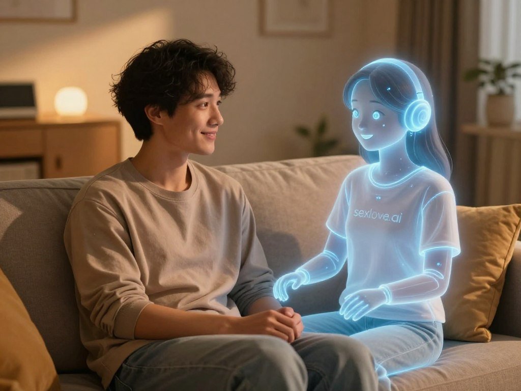 A cozy, warmly lit room where a user sits comfortably on a sofa, dressed in casual, modest clothing. They have a gentle smile, reflecting a sense of ease and companionship. Beside them, an AI girlfriend appears as a holographic figure, exuding a soft glow, with a friendly expression and futuristic design. The AI is designed to appear approachable, displaying comforting body language. In the background, subtle hints of modern decor enhance the atmosphere of a supportive space, with soft pillows and warm lighting casting gentle shadows. The overall mood is serene and uplifting, symbolizing emotional support and connection. Photographed with a warm color palette, soft focus lens, and a slight overhead angle to convey intimacy and perspective. The brand "sexlove.ai" is subtly referenced in the ambiance, suggesting innovative technology.