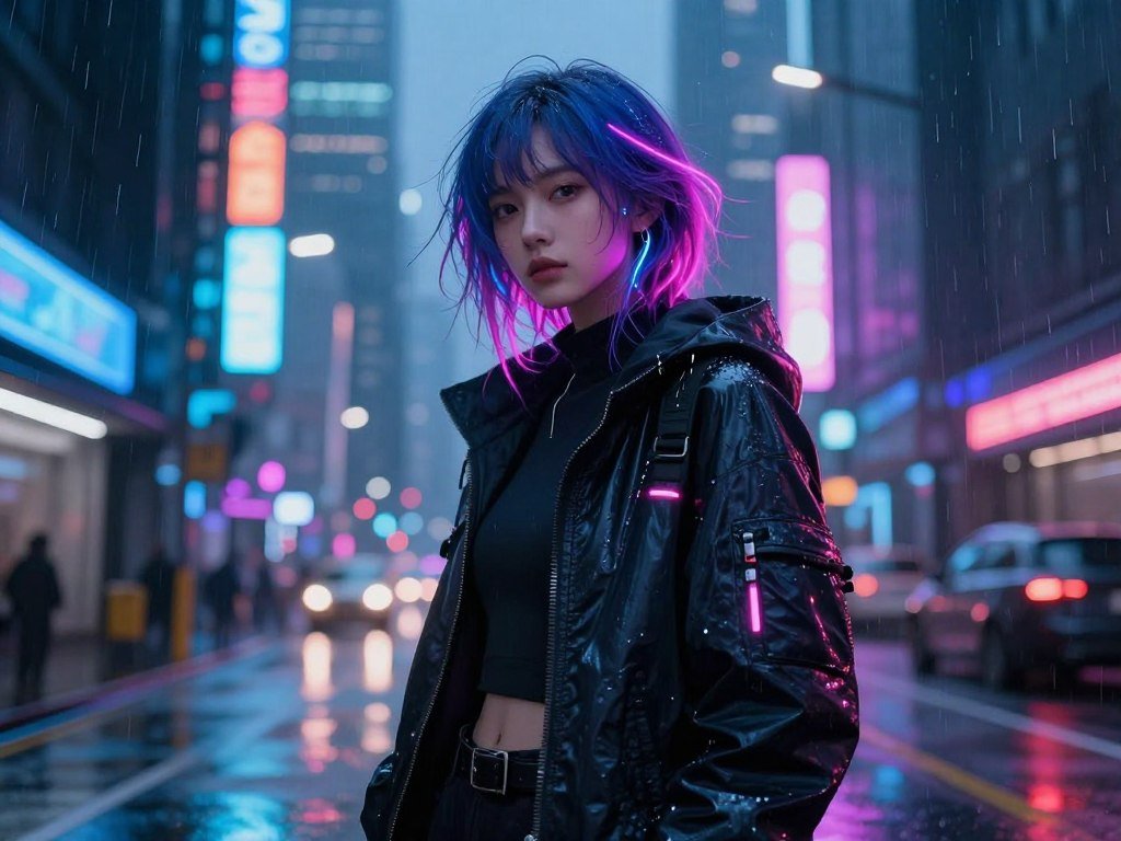 A cyberpunk-themed AI girl with neon highlights in her hair, standing on a rainy street in a futuristic city, vibrant neon lights, highly detailed.