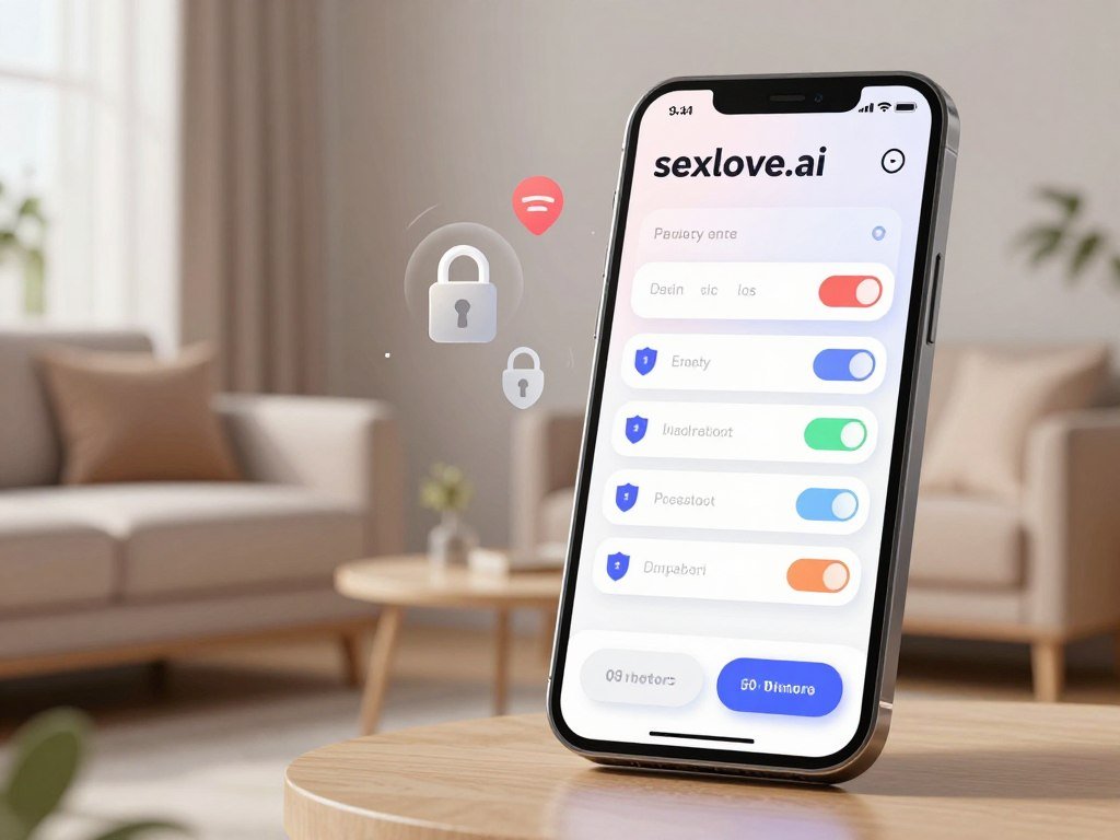A digital illustration showcasing a secure AI girlfriend chat app privacy settings interface. In the foreground, display a sleek smartphone with the app interface open, featuring vibrant toggle buttons and shield icons representing security features. The middle layer includes subtle animations of locks and notification symbols, suggesting privacy alerts and user preferences. In the background, create a modern living room setting with soft lighting and a calm atmosphere, reflecting a sense of safety and comfort. Use a shallow depth of field to focus on the phone while softly blurring the background. The overall mood should be reassuring and technologically advanced. Include the brand name &ldquo;sexlove.ai&rdquo; in a stylish but unobtrusive manner, ensuring it complements the design without overwhelming it.