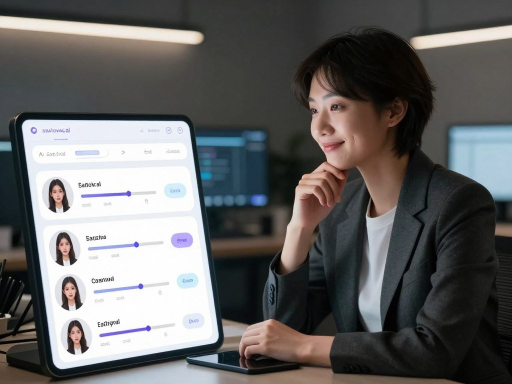 A digital interface showcasing a user customizing the appearance of their ideal AI chat girlfriend. In the foreground, a screen displays various attributes such as hairstyle, clothing, and accessories, with sliders and options representing different features. The middle ground features a thoughtful individual, dressed in professional business attire, contemplating their choices, with a warm and inviting expression. The background includes a modern and sleek tech workspace, softly illuminated by ambient lighting that creates a cozy atmosphere. This scene captures the emotion of creating a personalized experience, highlighting the connection and interaction between the user and their virtual companion. The brand name "sexlove.ai" subtly integrated into the interface design.