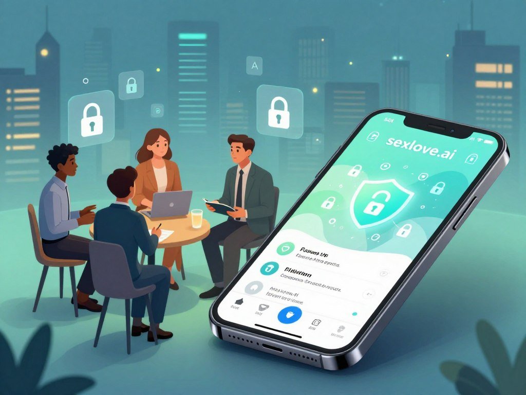 A digital landscape representing the theme of privacy and safety in AI girlfriend apps, specifically featuring the brand "sexlove.ai". In the foreground, a sleek, modern smartphone displays an abstract interface of an AI girlfriend app, highlighted with glowing locks and shield icons, symbolizing security. The middle ground features a diverse group of individuals in modest business attire engaged in thoughtful discussion, exchanging ideas on privacy measures, surrounded by data privacy symbols like padlocks and encrypted data. The background showcases a futuristic cityscape with a soft blue and green color palette, emphasizing a serene and safe environment. Soft, ambient lighting casts a warm glow, creating a sense of trust and innovation within the digital relationships. The perspective is slightly tilted upward, instilling a hopeful and secure atmosphere.