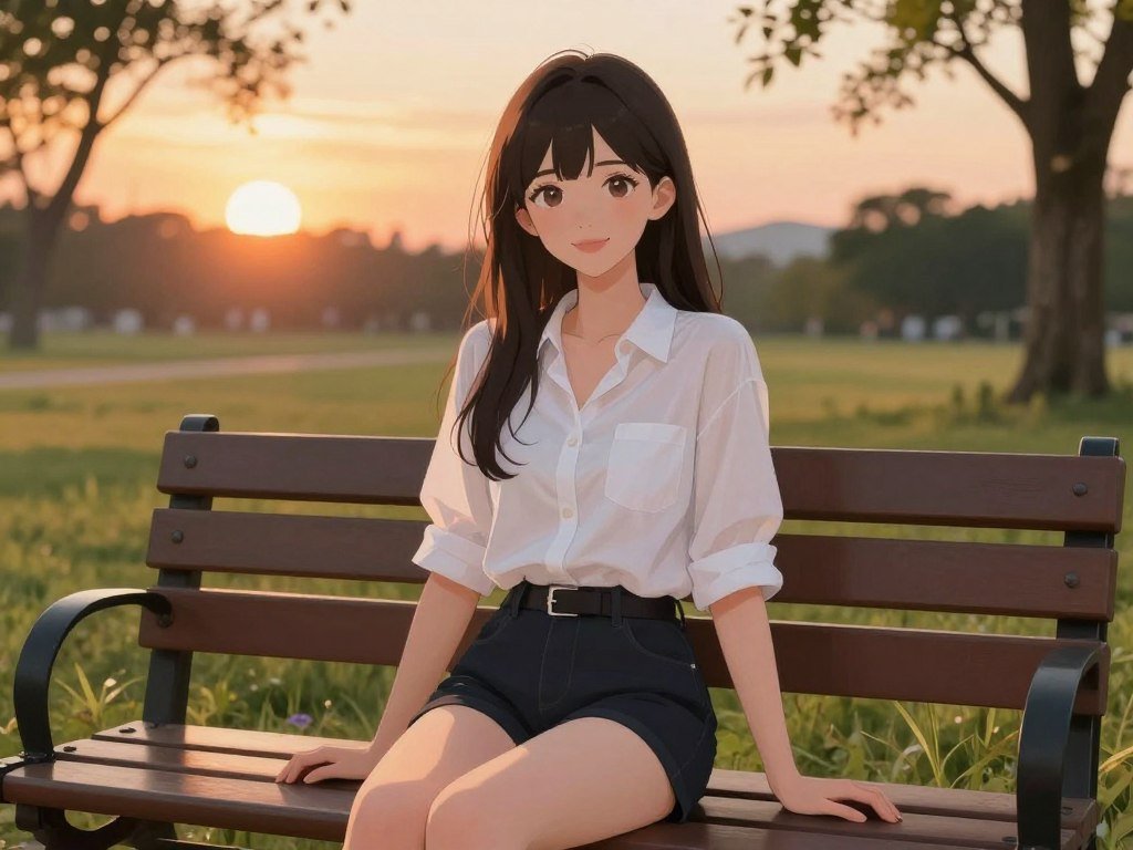 A digital painting of an anime-style girlfriend sitting on a park bench during sunset, casual summer outfit, intimate gaze, high resolution, vibrant colors.
