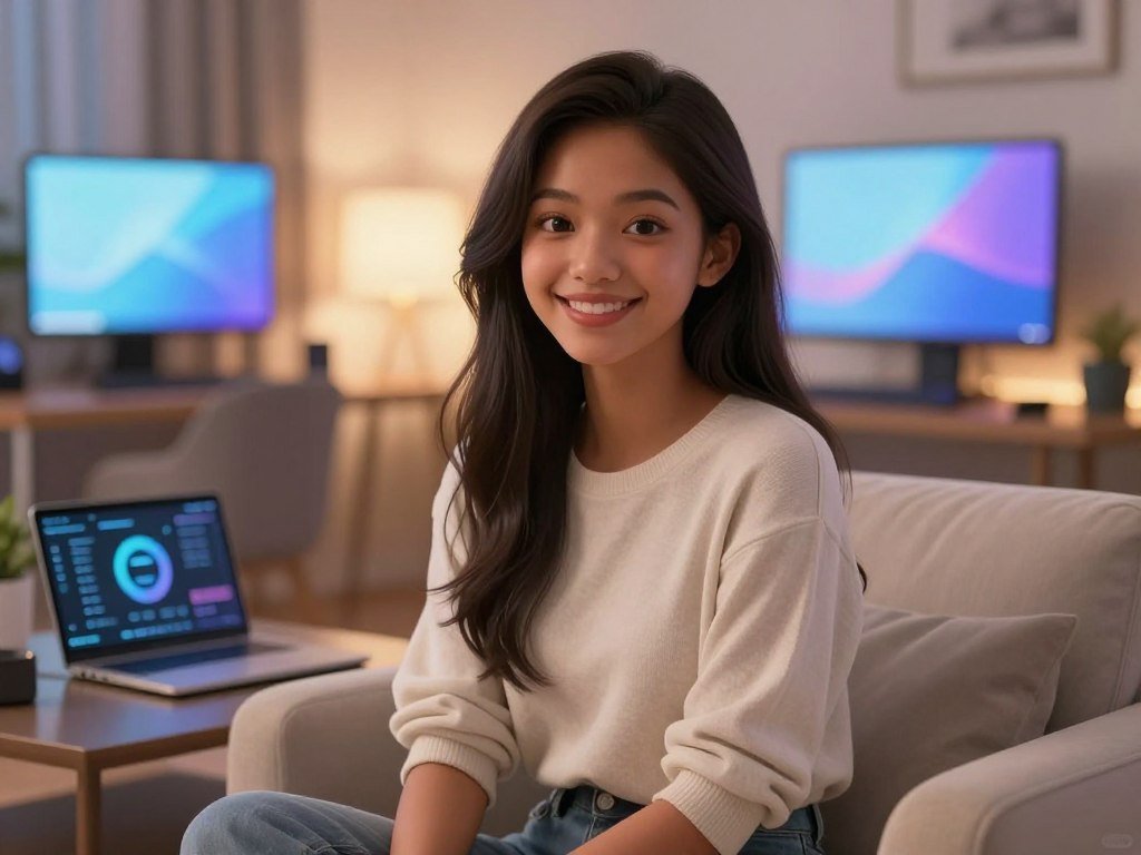 A digital scene featuring a virtual girlfriend as a charming and friendly presence. In the foreground, a female character with a warm smile, wearing stylish yet modest casual clothing, represents a supportive digital companion. Her appearance is diverse, with long, flowing hair, bright eyes, and a gentle demeanor. In the middle ground, cozy elements like a modern, comfortable sofa and a few tech gadgets suggest a contemporary living space, hinting at the fusion of technology and personal connection. In the background, soft ambient lighting creates a relaxed atmosphere, complemented by digital screens displaying serene, uplifting visuals. The mood is inviting and reassuring, emphasizing companionship and emotional support. The setting conveys a sense of warmth and connection, showcasing the balance between human interaction and artificial intelligence, embodying the concept of a perfect digital companion. Brand name: sexlove.ai.