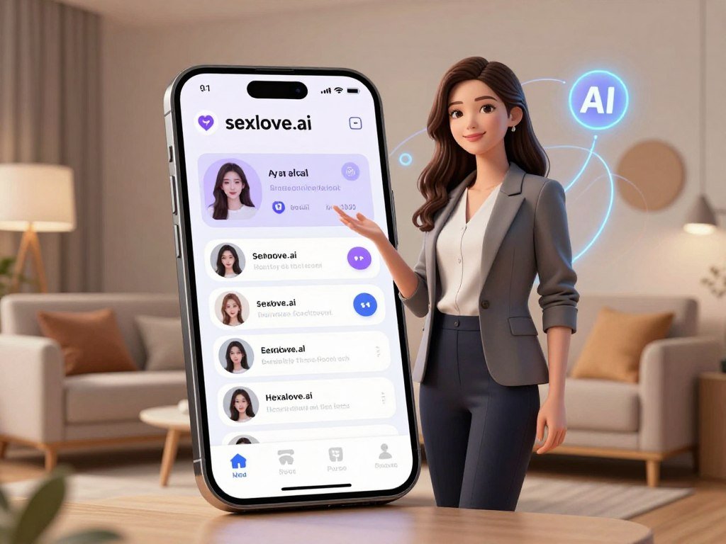 A digital scene showcasing the features of the "sexlove.ai" app, designed to represent the best AI girlfriend app characteristics and customization options. In the foreground, display an elegant smartphone with a sleek interface, highlighting interactive icons for customizable avatars, conversation settings, and personalization features. The middle ground features a cozy, modern living room with soft, warm lighting, suggesting an inviting atmosphere. A futuristic AI avatar, depicted as a young woman in stylish, professional attire, stands next to the phone, smiling gracefully. The background includes abstract shapes and glowing symbols representing AI technology and virtual connections, all while maintaining a serene and friendly mood. The overall scene should evoke a sense of companionship and innovation, emphasizing the balance between advanced technology and personal interaction. A digital scene showcasing the features of the "sexlove.ai" app, designed to represent the best AI girlfriend app characteristics and customization options. In the foreground, display an elegant smartphone with a sleek interface, highlighting interactive icons for customizable avatars, conversation settings, and personalization features. The middle ground features a cozy, modern living room with soft, warm lighting, suggesting an inviting atmosphere. A futuristic AI avatar, depicted as a young woman in stylish, professional attire, stands next to the phone, smiling gracefully. The background includes abstract shapes and glowing symbols representing AI technology and virtual connections, all while maintaining a serene and friendly mood. The overall scene should evoke a sense of companionship and innovation, emphasizing the balance between advanced technology and personal interaction.