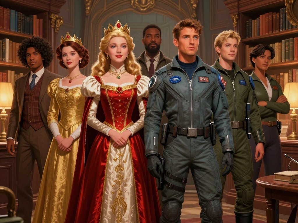 A diverse group of fictional characters standing in a library, including a royal princess and a futuristic pilot, cinematic digital painting style.