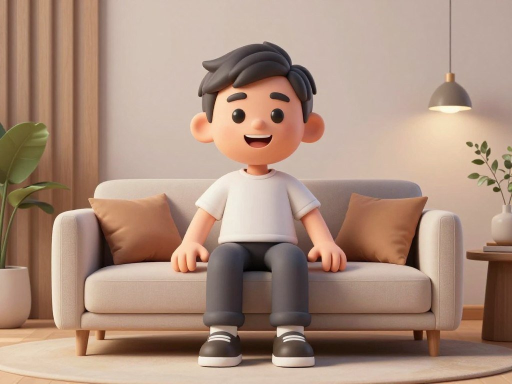 A friendly 3D avatar with a warm expression, sitting on a cozy sofa in a minimalist living room, soft ambient lighting, clean lines, friendly atmosphere.