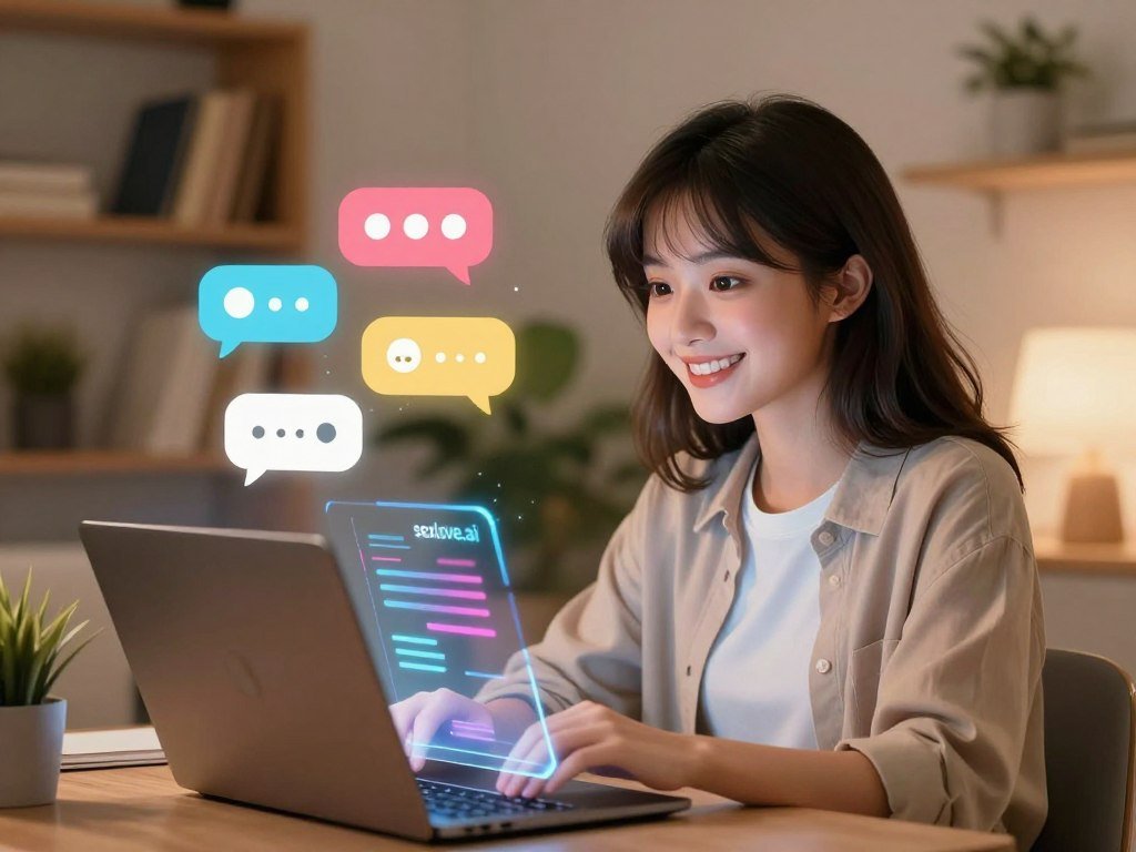 A friendly AI girlfriend character engaging in a virtual conversation, illustrated in a cozy, modern digital environment. In the foreground, depict a young woman with bright, expressive features, wearing a stylish yet modest outfit, smiling warmly. She is seated in front of a sleek laptop with vibrant holographic interface elements glowing softly around her, symbolizing the AI interaction. In the middle, incorporate colorful chat bubbles floating around her, filled with playful icons representing fun conversation topics. The background features a softly lit, inviting room with shelves adorned with books and plants, creating a relaxed atmosphere. The scene is illuminated with warm ambient lighting, capturing a cheerful and approachable mood. Include subtle branding elements related to "sexlove.ai" integrated into the environment, enhancing the theme of AI companionship without overt distraction.