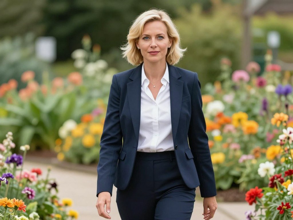 A friendly and approachable woman with short blonde hair and bright blue eyes, wearing a summer dress, walking through a vibrant flower garden, realistic photography style, soft focus background.