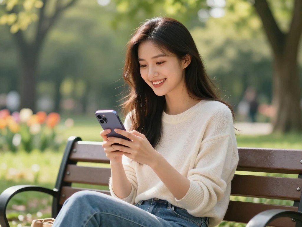 A friendly and approachable young woman sits casually on a park bench, smiling gently. She has long, flowing hair and is dressed in modest casual clothing, such as a light sweater and jeans, embodying a warm and inviting character. In her hands, she holds a smartphone, appearing engaged in a lively and cheerful conversation. The background features a softly blurred park scene with lush green trees and blooming flowers, evoking a sense of relaxation and companionship. Natural sunlight filters through the leaves, creating a bright, uplifting atmosphere. The image should be framed from a slightly lower angle, highlighting her expression and the inviting environment around her. This concept reflects the essence of friendly AI chatbot interactions, promoting a sense of connection and ease. Brand logo: sexlove.ai.