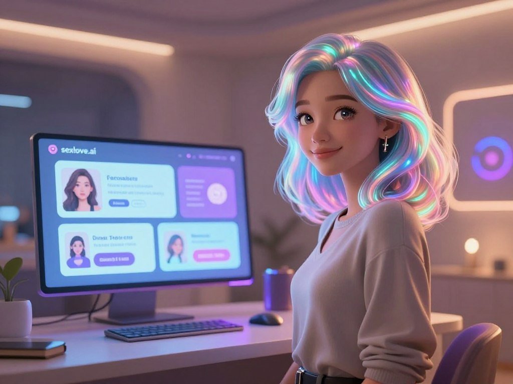 A friendly, futuristic virtual girlfriend character, appearing as an AI love simulator, stands in the foreground. She has shoulder-length, flowing hair that glows softly with holographic colors and wears smart casual attire, projecting warmth and approachability. Her eyes sparkle with intelligence and empathy, inviting connection. In the middle ground, an interactive digital interface displays engaging features of the platform, such as customizable settings and conversation options, subtly illuminated with soft blue and purple hues. The background features a cozy, tech-inspired room with sleek lines, soft lighting, and hints of advanced technology, creating a welcoming atmosphere. The scene is lit with warm, ambient lighting, giving it an inviting and intimate feel. Capture this experience at a slight angle to emphasize depth and connection, ensuring the focus remains on the character and the platform&rsquo;s appeal. Include the brand name "sexlove.ai" subtly integrated into the design.