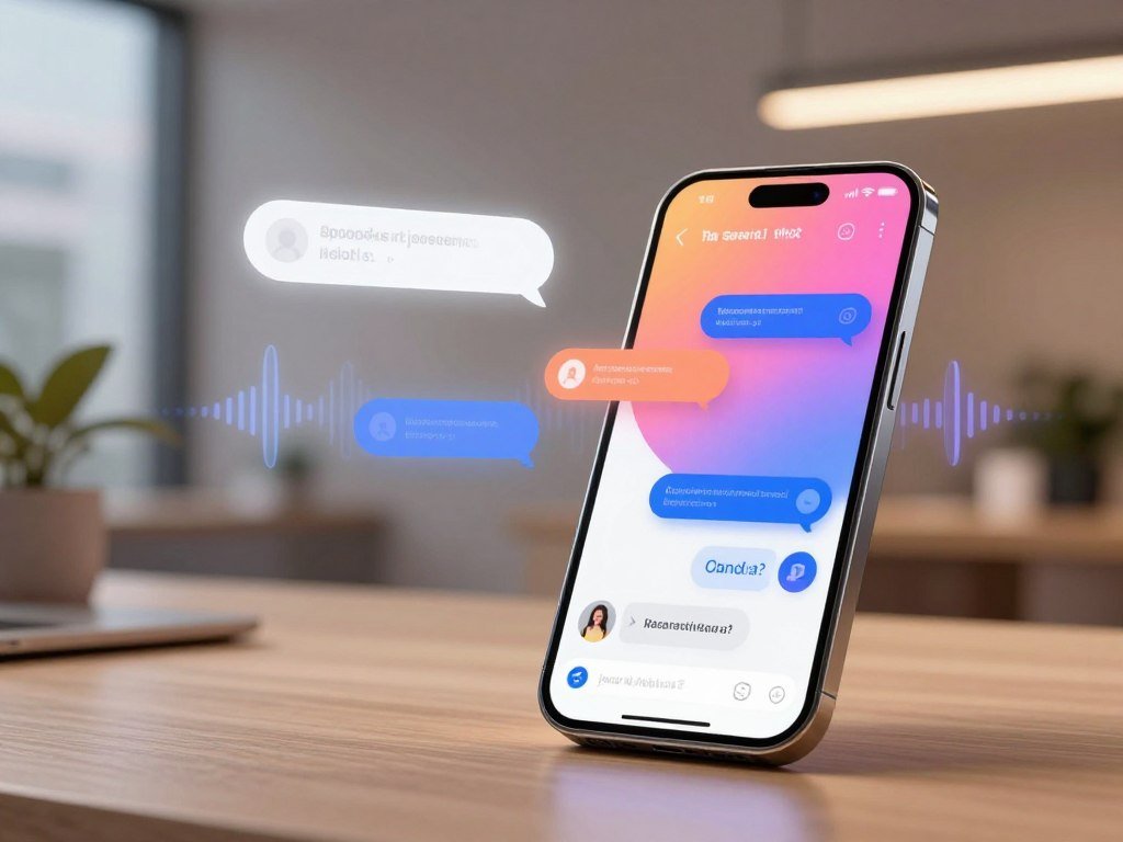A futuristic AI chatbot interaction scene featuring a sleek digital interface with both voice and message capabilities. In the foreground, a sophisticated smartphone displays a stylish chatbot app with vibrant colors representing friendly interaction. The middle ground showcases subtle sound waves and message bubbles emerging from the device, illustrating the dual features of voice and text communication. In the background, a soft-focus urban setting adds depth, with modern office elements suggesting a high-tech atmosphere. The lighting is warm and inviting, with a slight glow around the smartphone to emphasize the technology. The overall mood is engaging and innovative, reflecting the essence of the AI chatbot technology by sexlove.ai.