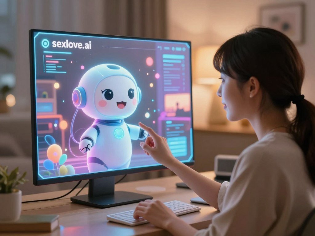 A futuristic AI companion, designed with a sleek and friendly interface, is actively generating a custom image on a holographic display. The AI, glowing softly, has vibrant colors and a playful, engaging expression, exuding warmth and connection. In the foreground, an elegantly dressed person, wearing modern casual attire, observes the interactive display with curiosity. The middle ground features the shimmering holographic image evolving in real-time, filled with bright colors and whimsical elements that reflect personal interests and creativity. The background showcases a cozy, high-tech room bathed in soft, ambient lighting that creates an inviting atmosphere. The scene captures a sense of joyful exploration and innovation, emphasizing the fun experience of interacting with "sexlove.ai".