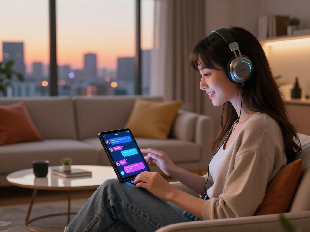A futuristic AI girlfriend character sitting in a cozy, modern urban apartment, showcasing a warm and inviting atmosphere. In the foreground, the AI character, designed with a friendly expression and stylish casual wear, interacts with a sleek digital device displaying vibrant chat exchanges. The middle layer features a soft sofa adorned with colorful cushions and a small coffee table with gadgets reflecting a tech-savvy lifestyle. In the background, large windows reveal a sunset skyline, casting gentle light into the room. The scene is illuminated with warm lighting, creating a relaxed and intimate mood. Capture this engaging moment to highlight the connection between technology and personal relationships. Include branding elements of "sexlove.ai" subtly integrated into the environment without being intrusive.