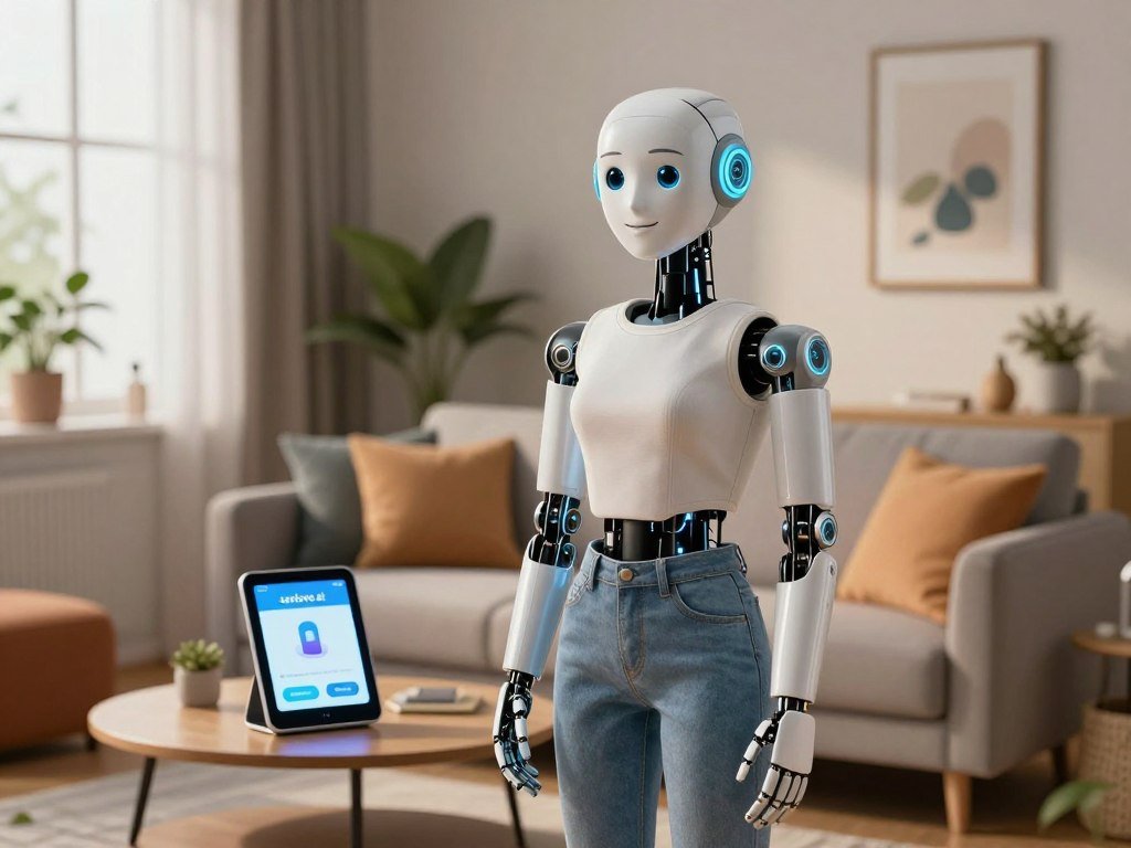 A futuristic AI girlfriend companion designed with a friendly and approachable demeanor, standing in a cozy, modern living room filled with soft lighting. In the foreground, a lifelike humanoid robot with a friendly smile, showing intricate facial features and realistic textures, dressed in comfortable, modest casual clothing. In the middle ground, a stylish sofa with colorful cushions and a small coffee table displaying a digital device showcasing the app interface of &ldquo;sexlove.ai.&rdquo; The background features soft ambient light filtering through the window, plants adding a touch of nature, and art on the walls, creating a warm and inviting atmosphere. The overall mood is friendly, relaxed, and engaging, highlighting the benefits of companionship through technology.
