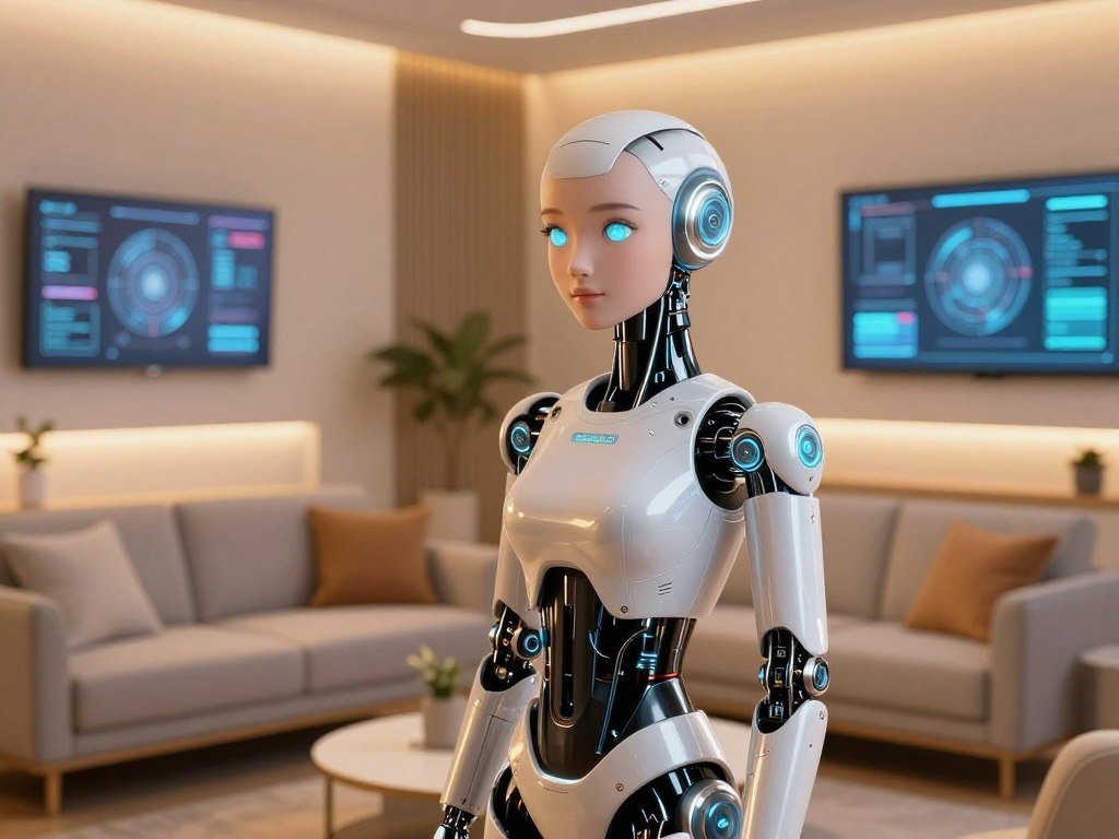 A futuristic AI girlfriend concept, featuring a friendly, humanoid robot with sleek, polished metallic skin and soft, glowing accents. The figure stands in an inviting, modern living room setting with warm lighting that casts a gentle glow. In the foreground, the AI girlfriend is depicted with expressive, luminous eyes, conveying a sense of companionship and understanding. The middle background showcases a cozy sofa with minimalist decor, perfect for casual chat. The ambiance is relaxed and welcoming, symbolizing a safe space for interaction. In the distant background, digital screens display abstract data patterns, hinting at advanced technology. The scene is bright and inviting, creating a sense of comfort and connection. Include the brand name "sexlove.ai" subtly integrated into the environment.