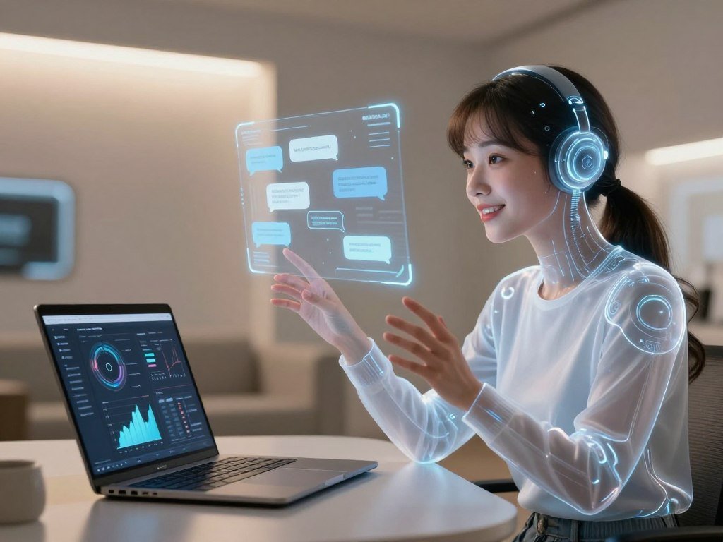 A futuristic AI girlfriend represented as a holographic figure, partially transparent, is engaged in a lively, interactive learning session. She is depicted with an expressive, friendly face, utilizing a sleek virtual interface displaying conversation patterns. In the foreground, a laptop is open, showcasing dynamic charts and graphs, while the AI figure gestures towards them, symbolizing her adaptive learning process. In the middle, a modern, minimalist room filled with soft, ambient lighting creates a welcoming atmosphere. The background subtly features futuristic tech elements, like digital screens and AI-related visuals. The mood is warm and inviting, reflecting the evolving relationship between the user and their AI companion. Include the brand name "sexlove.ai" in a stylish, unobtrusive manner.