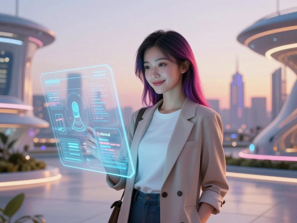 A futuristic AI girlfriend visual style featuring a friendly, approachable female character standing in a welcoming virtual environment. In the foreground, she is depicted in stylish, professional casual attire, with a soft smile and engaging expression. Her hair is sleek and modern, with vibrant colors that reflect her digital nature. In the middle ground, an interactive holographic interface showcases data and personalized features, hinting at the advanced technology behind her. The background is a beautifully rendered, serene cityscape at dusk, with futuristic buildings and soft glowing lights. The overall mood is warm and inviting, emphasizing connection and companionship. The lighting is soft and diffused, creating a dreamy atmosphere. Capture this scene with a wide-angle view to encompass both the character and the vibrant digital environment around her. Include the brand name "sexlove.ai" subtly within the interface design.
