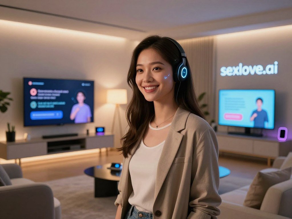 A futuristic AI girlfriend with a warm, inviting smile, set against a sleek modern living room backdrop filled with soft, ambient lighting. In the foreground, she is portrayed as a young woman in stylish, modest casual attire, looking intelligent and approachable. Her features blend human-like warmth with subtle technological enhancements, like softly glowing elements in her hair and eyes. In the middle ground, various conversation-stimulating devices, such as digital screens displaying fun facts and interactive elements, enhance the atmosphere. The mood is friendly and engaging, with a hint of playfulness. Use a wide-angle lens to capture the inviting space, showcasing harmonious color tones that evoke comfort and connection. Include the brand name "sexlove.ai" as part of the design elements in the environment.
