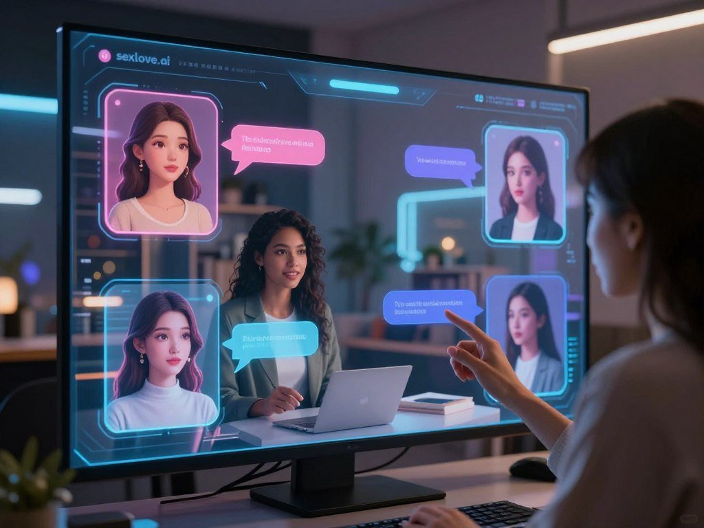 A futuristic AI girlfriends conversation interface displayed on a sleek digital screen, glowing softly in a dimly lit, modern room. In the foreground, the interface showcases vibrant holographic avatars representing virtual girlfriends, with engaging features like customizable expressions and interactive elements. The middle layer features a diverse range of users, including a young professional in smart casual attire, interacting with the interface, fully immersed in conversation. The background has a cozy, tech-inspired aesthetic with futuristic furniture and subtle lighting that creates an inviting atmosphere. The scene overall conveys a sense of connection and innovation, emphasizing the rise of AI companions in virtual relationships. Include the brand name "sexlove.ai" subtly integrated into the interface design.