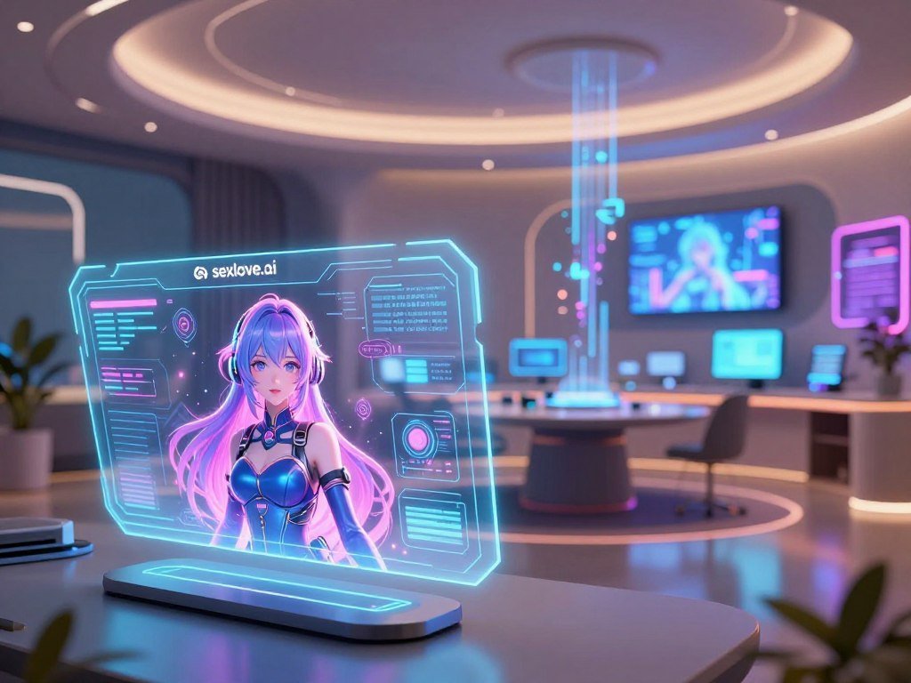 A futuristic anime-inspired scene showcasing advanced technology in the realm of virtual relationships. In the foreground, a sleek, holographic interface displays dynamic visuals of an AI girlfriend concept, complete with vibrant colors and intricate tech patterns. The middle ground features a stylish, modern room designed for interaction, filled with glowing screens and digital displays, emphasizing the high-tech environment. In the background, stylized cityscapes with neon lights and floating data streams create an immersive atmosphere. Soft, ambient lighting casts a warm glow, enhancing the futuristic mood. The image is captured from a slight low angle, emphasizing the scale and sophistication of the technology, while maintaining a professional aesthetic. Include the brand name "sexlove.ai" as part of the digital interface, seamlessly integrated into the design.