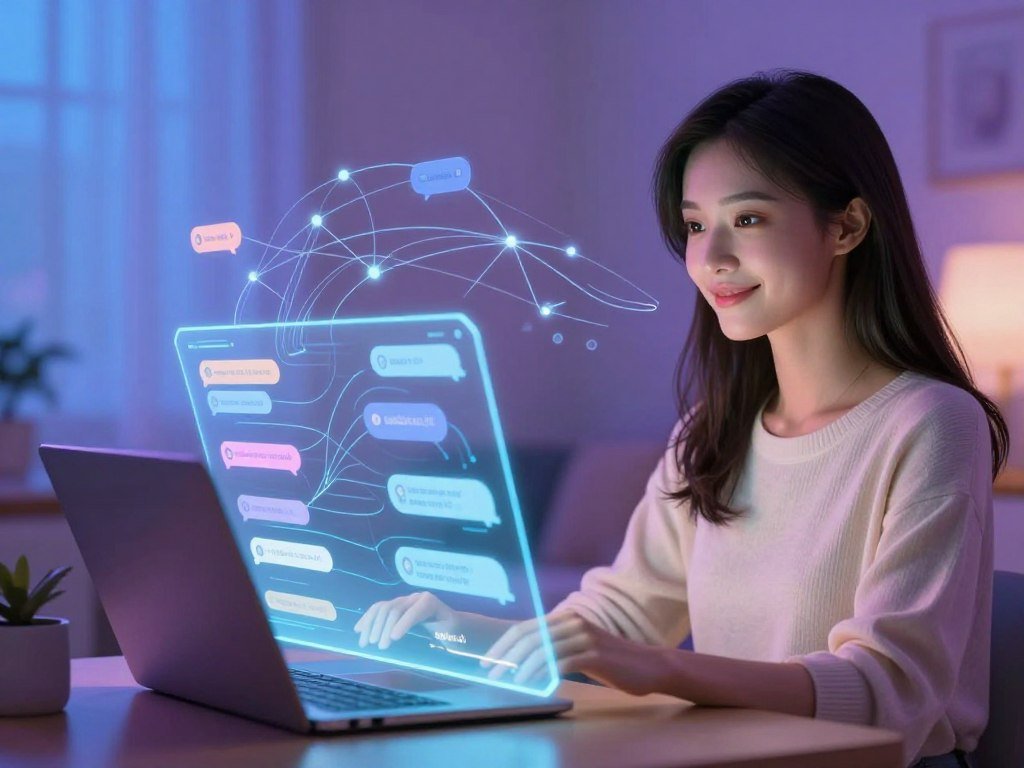 A futuristic, cozy digital environment depicting an AI girlfriend concept. In the foreground, a sleek holographic interface displays numerous chat messages symbolizing unlimited communication. A stylish female virtual avatar, designed with a friendly and inviting expression, appears engagingly, glowing softly to emphasize her digital nature. In the middle, an abstract representation of a network of connection, with light trails representing messages flowing seamlessly between devices. The background shows a gradient of calming colors, suggesting a serene and modern space, with soft blue and violet tones to evoke a sense of serenity. The lighting is warm and inviting, creating a harmonious atmosphere. The scene symbolizes endless chatting possibilities with "sexlove.ai" elegantly integrated into the design. A futuristic, cozy digital environment depicting an AI girlfriend concept. In the foreground, a sleek holographic interface displays numerous chat messages symbolizing unlimited communication. A stylish female virtual avatar, designed with a friendly and inviting expression, appears engagingly, glowing softly to emphasize her digital nature. In the middle, an abstract representation of a network of connection, with light trails representing messages flowing seamlessly between devices. The background shows a gradient of calming colors, suggesting a serene and modern space, with soft blue and violet tones to evoke a sense of serenity. The lighting is warm and inviting, creating a harmonious atmosphere. The scene symbolizes endless chatting possibilities with "sexlove.ai" elegantly integrated into the design.