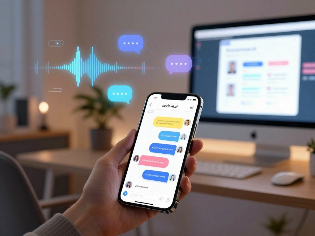 A futuristic digital environment showcasing features of an AI girlfriend app branded as "sexlove.ai". In the foreground, a sleek smartphone displays a friendly, sleek chatbot interface with colorful icons representing messaging features like voice messages, text chat, and virtual dates. The middle ground features abstract visualizations of communication, such as sound waves and glowing chat bubbles, conveying a sense of interaction and connection. The background is a softly lit, modern tech workspace with a stylish desk and a computer screen showing the app in use, emphasizing a comfortable yet professional atmosphere. The lighting is warm and inviting, creating a mood of friendly engagement and digital companionship. A futuristic digital environment showcasing features of an AI girlfriend app branded as "sexlove.ai". In the foreground, a sleek smartphone displays a friendly, sleek chatbot interface with colorful icons representing messaging features like voice messages, text chat, and virtual dates. The middle ground features abstract visualizations of communication, such as sound waves and glowing chat bubbles, conveying a sense of interaction and connection. The background is a softly lit, modern tech workspace with a stylish desk and a computer screen showing the app in use, emphasizing a comfortable yet professional atmosphere. The lighting is warm and inviting, creating a mood of friendly engagement and digital companionship.