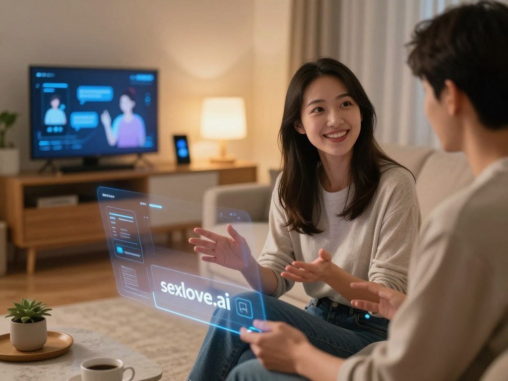 A futuristic digital interaction scene set in a cozy virtual living room, highlighting a realistic AI girlfriend character, representing the brand "sexlove.ai". In the foreground, the AI girlfriend is depicted as a friendly female figure, engaging in a warm conversation with a user on a sleek virtual interface. She is dressed in modest casual clothing, reflecting a welcoming atmosphere. The middle background features a modern, softly lit environment with smart home devices and comforting decor, indicating advanced technological integration. The lighting is warm and inviting, creating an intimate mood. In the background, digital screens show subtle animations related to AI conversations, enhancing the concept of virtual companionship. The camera angle is slightly elevated, focusing on the interaction while also capturing the serene environment, conveying a sense of connection and transformation in digital companionship.