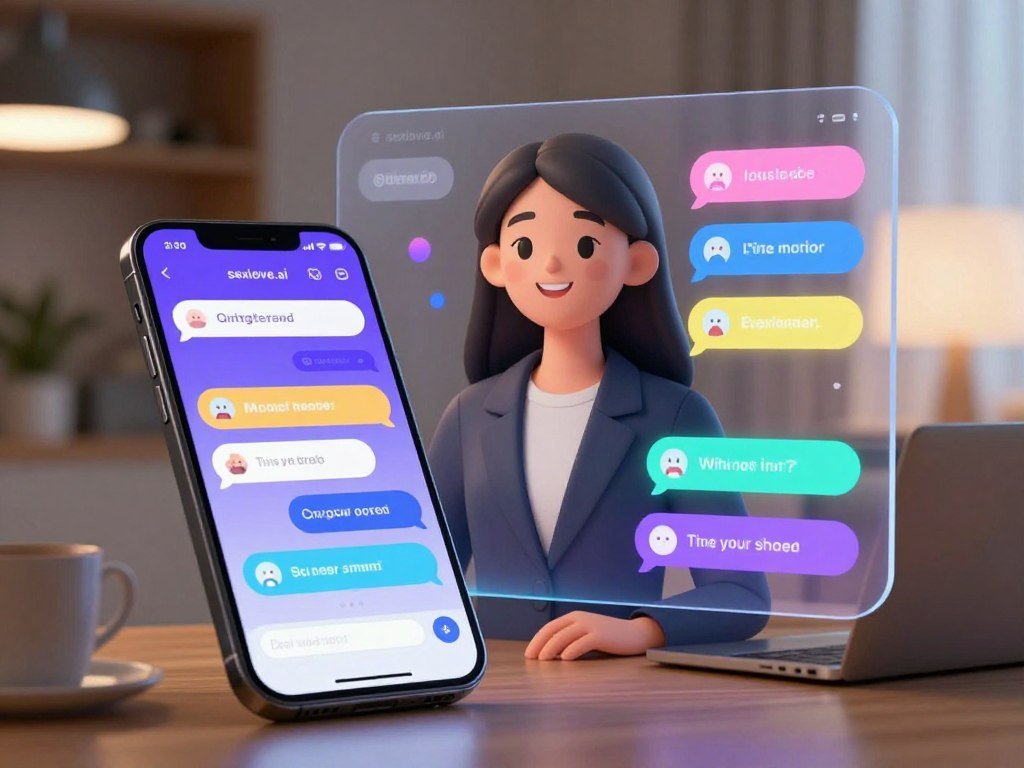 A futuristic digital interface showcasing an AI girlfriend&amp;apos;s voice and chat features. In the foreground, a sleek, illuminated smartphone with vibrant chat bubbles displaying friendly, engaging text. In the middle, a holographic representation of a digital companion, designed with a friendly expression, wearing professional business attire, suggesting a sense of approachability and warmth. The background features a cozy, modern room with soft ambient lighting, creating a welcoming atmosphere, enhancing the theme of digital romance. The lens should have a slight bokeh effect to highlight the smartphone and AI interface, while the overall mood embodies friendliness and intimacy. The brand "sexlove.ai" should be represented subtly within the design elements without being intrusive.