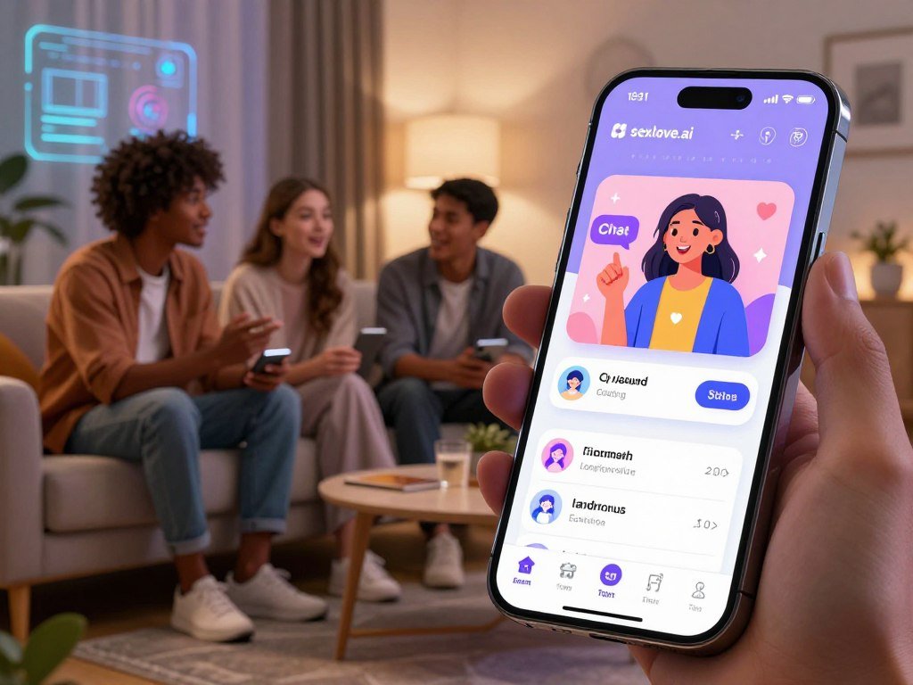 A futuristic digital interface showcasing features of an AI girlfriend app, like instant chat, personalized settings, and virtual companionship. In the foreground, display a sleek smartphone with a glowing screen, highlighting the app&amp;apos;s user-friendly interface and vibrant icons. In the middle ground, illustrate a cozy living room environment with a modern aesthetic, where a diverse group of casually dressed young adults are engaged in discussions about the app, exuding excitement and curiosity. The background should feature soft ambient lighting, creating a warm, inviting atmosphere, with hints of technology such as holographic displays. Emphasize the brand &ldquo;sexlove.ai&rdquo; subtly integrated into the app interface. The overall mood is optimistic and engaging, illustrating the potential of AI companionship in 2026.