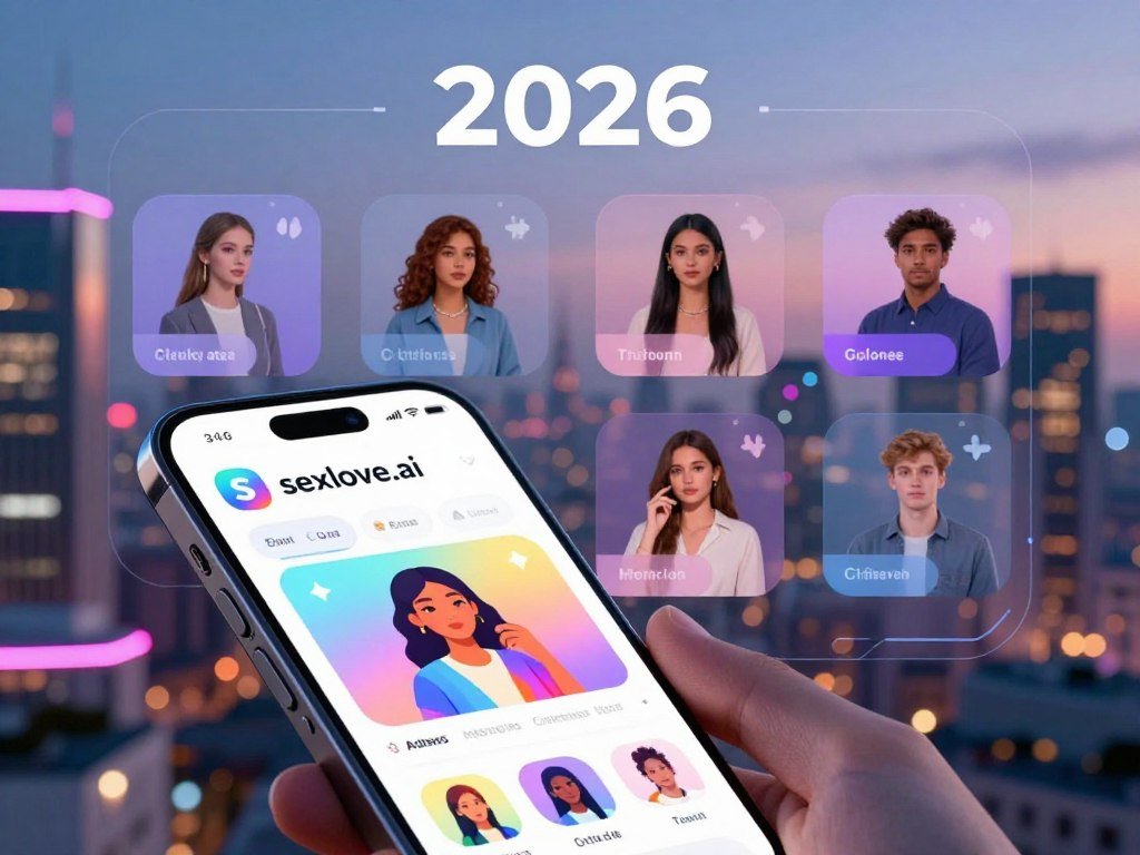 A futuristic digital interface showcasing popular AI girlfriend apps in 2026. In the foreground, a sleek smartphone displays the colorful logo and interface of "sexlove.ai," highlighting interactive features and vibrant graphics. The middle layer features abstract representations of AI avatars, each with distinct styles&mdash;from casual to professional attire&mdash;engaging with users through virtual conversations. The background captures a modern, tech-savvy city skyline at dusk, with neon lights symbolizing connectivity and innovation. Soft, ambient lighting enhances the modern feel, while a slight bokeh effect from the city lights adds depth to the scene. The overall atmosphere conveys excitement and curiosity about advanced AI companionship.