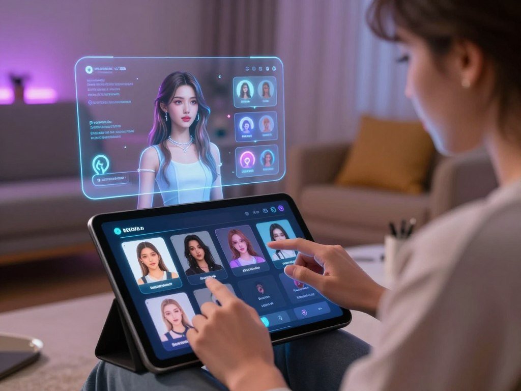 A futuristic digital interface showcasing the customization of a virtual girlfriend on a sleek touchscreen tablet. In the foreground, a user in smart casual clothing thoughtfully interacts with the interface, selecting features such as hair styles, outfits, and personality traits. The middle layer features a holographic representation of the virtual girlfriend, displaying various customizable options that glow subtly. In the background, a softly lit room with ambient lighting creates a tech-savvy atmosphere, complete with modern furnishings and technology elements. Use a shallow depth of field to focus on the interaction while blurring the background slightly. The mood is vibrant yet intimate, emphasizing the personal connection between the user and the virtual companion. The brand &ldquo;sexlove.ai&rdquo; is integrated into the interface design seamlessly, symbolizing innovation in AI technology.