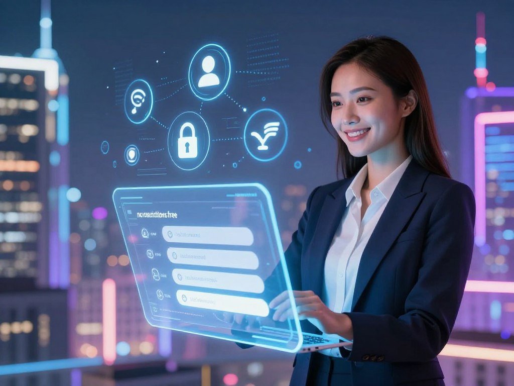 A futuristic digital landscape filled with abstract representations of AI and technology. In the foreground, a confident young woman in professional business attire stands beside a holographic user interface displaying various privacy settings and sign-up barriers. She has a warm smile, representing the friendly nature of AI companions. In the middle ground, there are stylized icons symbolizing communication, security, and user freedom. The background features a neon cityscape, with soft, radiant lights and digital patterns, creating a sense of innovation and connectivity. The lighting is bright yet soft, casting a hopeful atmosphere, while the overall mood is inviting and empowering, emphasizing the concept of "no restrictions free" AI companionship. Include subtle branding for "sexlove.ai" in the design elements, ensuring it blends seamlessly into the visual theme.