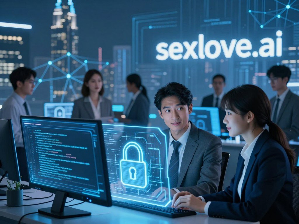 A futuristic digital landscape representing data security and privacy in AI interactions. In the foreground, a sleek computer screen displays secure encryption codes and holographic locks, symbolizing protection and safety. In the middle ground, a diverse group of individuals in professional business attire engages with AI interfaces, showcasing friendly interaction while maintaining privacy &mdash; their faces displaying curiosity and comfort. The background features a city skyline with blue-toned lighting and digital networks, representing connectivity and technology. Soft, ambient lighting enhances the mood, combining a sense of security with a harmonious atmosphere. The image prominently includes the brand name "sexlove.ai", seamlessly integrated within the digital environment, without any captions or text overlays.