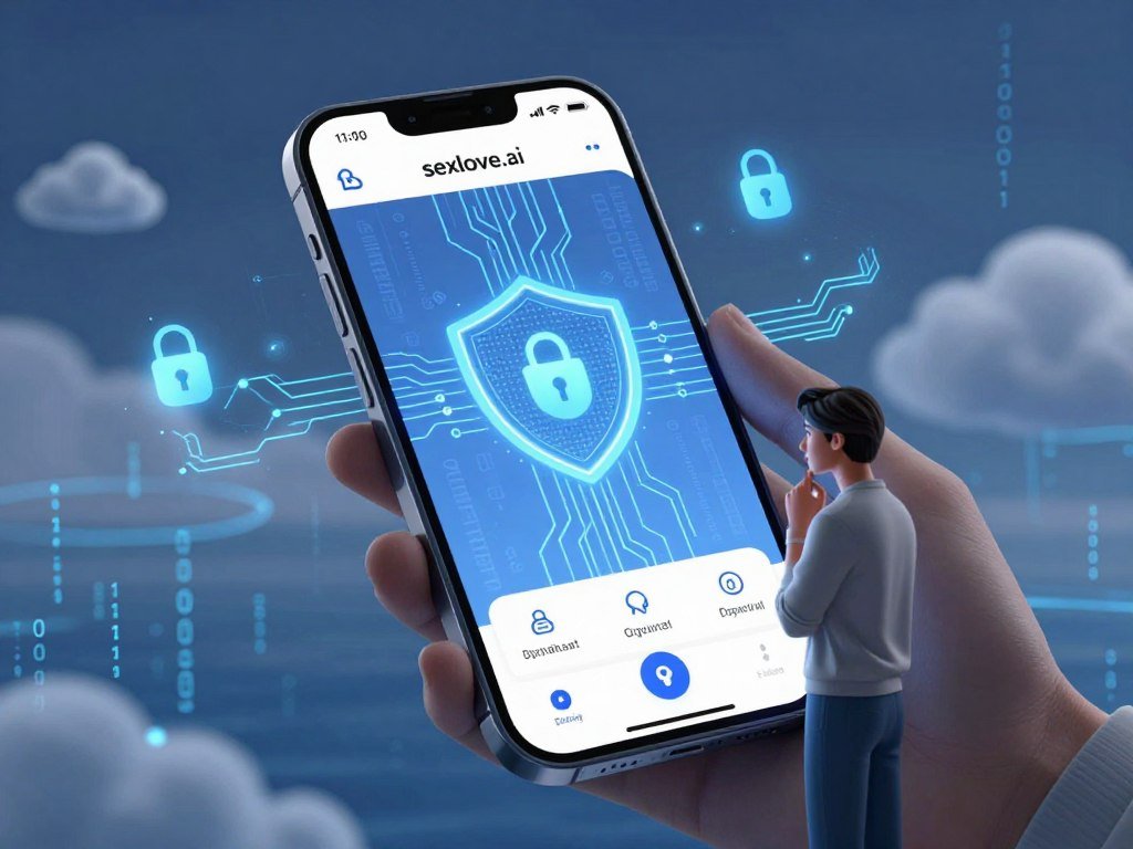 A futuristic digital landscape representing privacy and data security in AI girlfriend apps, specifically featuring a sleek, modern user interface of "sexlove.ai" on a smartphone screen. In the foreground, a professional-looking figure in modest casual attire is depicted engaged with the app, displaying a thoughtful expression. The middle ground captures a shield symbol made of digital circuits, symbolizing security, surrounded by glowing data streams and padlock icons emanating a soft blue light. The background features abstract representations of cloud computing and binary code, suggesting vast data oceans. Soft, ambient lighting creates a serene, safe atmosphere, emphasizing the importance of privacy considerations. The scene is captured from a slightly elevated angle to enhance depth, ensuring the focus remains on the interplay of technology and user experience while illustrating safety in virtual relationships.