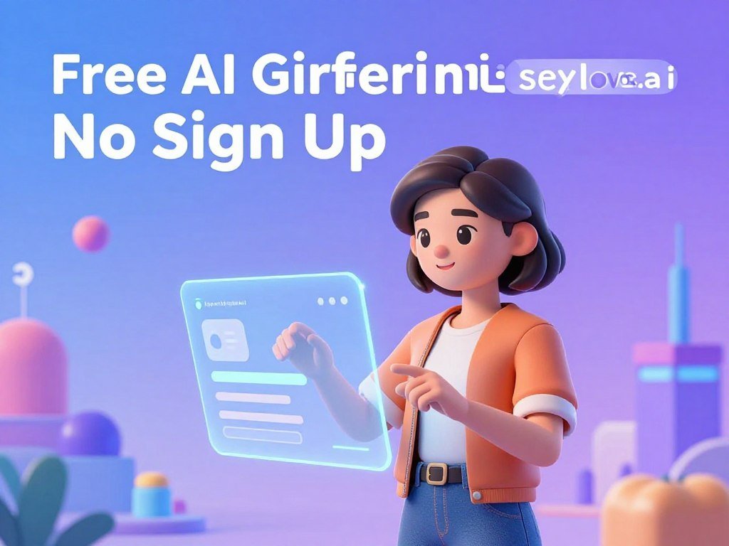 A futuristic digital landscape representing the concept of a "Free AI Girlfriend No Sign Up". In the foreground, a friendly, animated AI figure resembling a modern digital companion, depicted in a warm and inviting manner, wearing stylish yet modest casual clothing. The character interacts with a holographic screen displaying an intuitive user interface, suggesting easy access without sign-up. In the middle ground, hints of vibrant, high-tech elements like glowing circuits and abstract shapes symbolize a seamless digital connection. The background features a serene blue and purple gradient, suggesting a calming and modern atmosphere. Soft, diffused lighting enhances the scene, creating a welcoming vibe. The brand name "sexlove.ai" subtly integrated into the design.