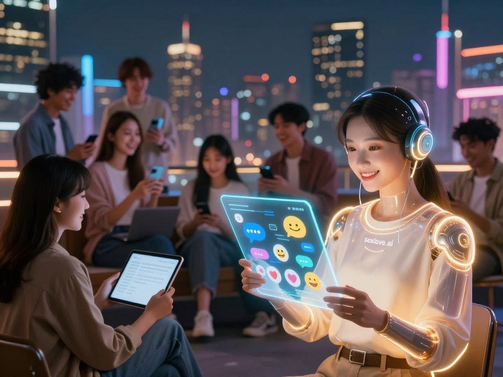 A futuristic digital landscape representing the features of a chat AI girlfriend. In the foreground, a sleek, friendly-looking AI hologram emanates warm light, showcasing its interactive interface filled with icons of communication features like chat bubbles, heart symbols, and playful emojis. The middle ground features visuals of diverse people engaging with the AI on various devices—tablets and smartphones—while smiling and laughing, showcasing connectivity and fun. The background is a vibrant cityscape, illuminated by soft neon lights, creating a lively and inviting atmosphere. The scene is bathed in soft, ambient lighting to evoke a sense of warmth and companionship. Capture this lively interaction in a wide-angle perspective, emphasizing the technology and enjoyment of connecting with a digital partner, branded as "sexlove.ai". A futuristic digital landscape representing the features of a chat AI girlfriend. In the foreground, a sleek, friendly-looking AI hologram emanates warm light, showcasing its interactive interface filled with icons of communication features like chat bubbles, heart symbols, and playful emojis. The middle ground features visuals of diverse people engaging with the AI on various devices—tablets and smartphones—while smiling and laughing, showcasing connectivity and fun. The background is a vibrant cityscape, illuminated by soft neon lights, creating a lively and inviting atmosphere. The scene is bathed in soft, ambient lighting to evoke a sense of warmth and companionship. Capture this lively interaction in a wide-angle perspective, emphasizing the technology and enjoyment of connecting with a digital partner, branded as "sexlove.ai".