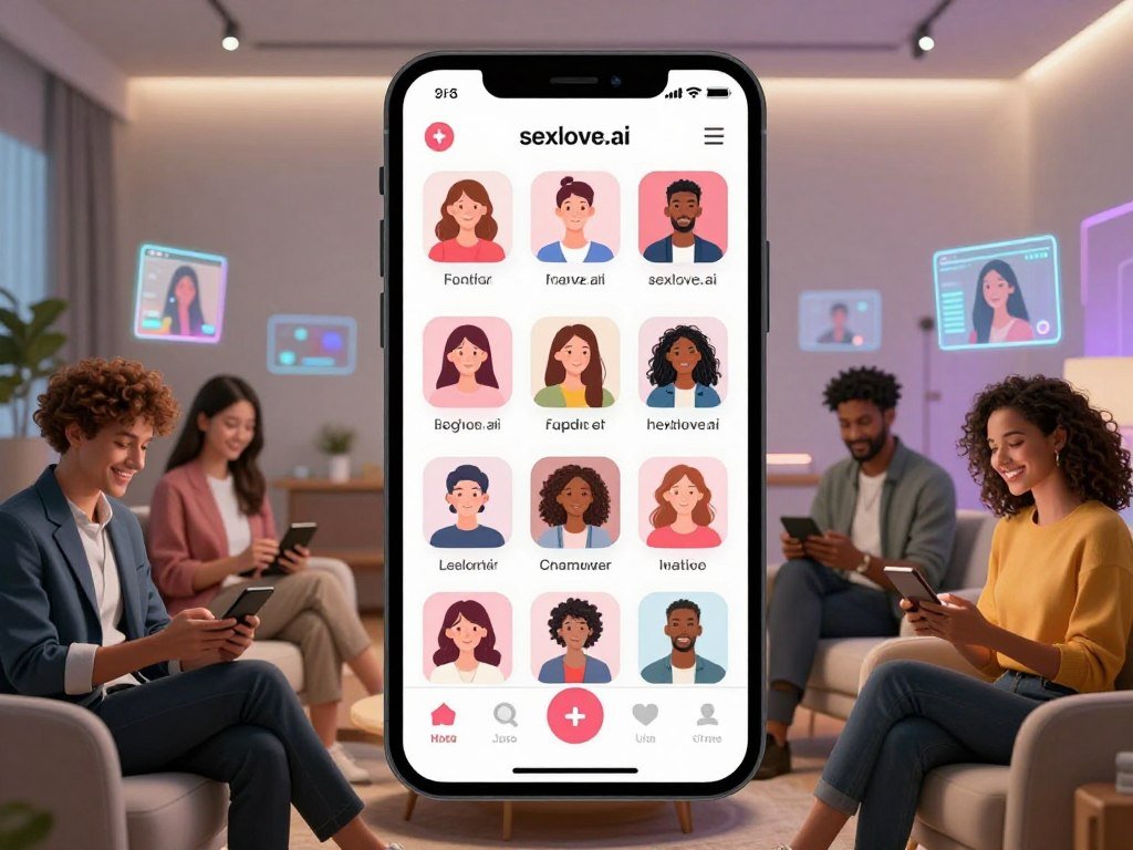 A futuristic digital landscape showcasing a smartphone screen with various interactive icons representing girlfriend apps for companionship, prominently featuring the logo "sexlove.ai". In the foreground, a diverse group of people in professional attire or casual outfits are engaging with their devices, smiling and appearing connected to the apps. In the middle, a cozy room setting with soft lighting enhances a sense of warmth and connection, while holographic images of virtual companions hover around them, illustrating companionship. The background includes subtle touches of technology, like sleek furniture and ambient LED lights, creating a modern and inviting atmosphere. The image should convey a sense of positivity, innovation, and emotional connection, captured with a shallow depth of field to focus on the app interface and the people&rsquo;s interactions.