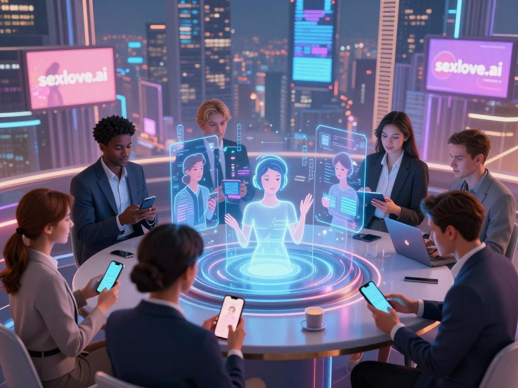 A futuristic digital landscape showcasing the concept of AI dating and virtual relationships. In the foreground, a diverse group of individuals, dressed in professional business attire and engaged in lively discussions, are using various devices like smartphones and tablets. In the middle, glowing holograms of AI avatars interact harmoniously, demonstrating the connection between technology and human emotion. The background features a vibrant cityscape with digital billboards promoting “sexlove.ai,” emphasizing modern dating applications. The lighting is soft and inviting, creating a warm atmosphere hinting at romance and connection. The scene is captured from a slightly elevated angle, showcasing the bustling energy of virtual interactions amid a future-forward environment. A futuristic digital landscape showcasing the concept of AI dating and virtual relationships. In the foreground, a diverse group of individuals, dressed in professional business attire and engaged in lively discussions, are using various devices like smartphones and tablets. In the middle, glowing holograms of AI avatars interact harmoniously, demonstrating the connection between technology and human emotion. The background features a vibrant cityscape with digital billboards promoting “sexlove.ai,” emphasizing modern dating applications. The lighting is soft and inviting, creating a warm atmosphere hinting at romance and connection. The scene is captured from a slightly elevated angle, showcasing the bustling energy of virtual interactions amid a future-forward environment.