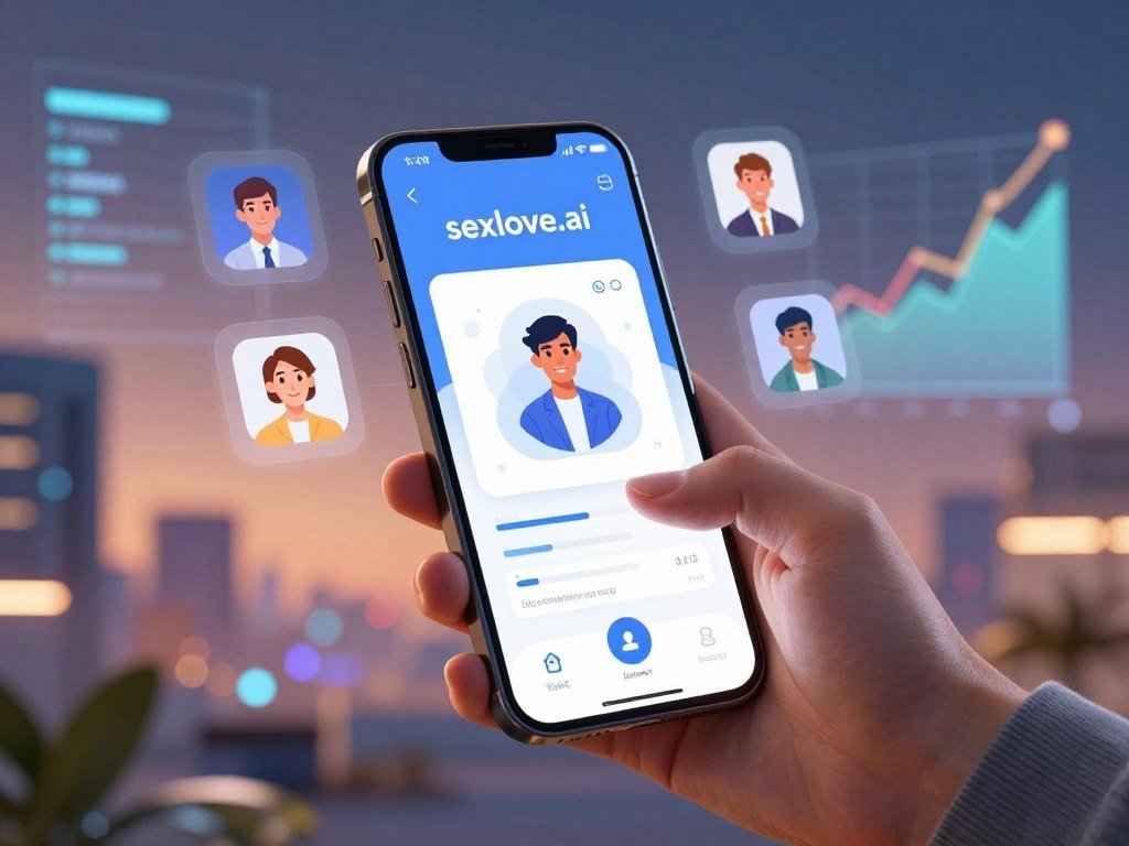 A futuristic digital landscape showcasing the economics of AI companion apps, centered around a sleek, user-friendly interface on a high-tech smartphone. In the foreground, a professional-looking person in modest casual clothing is interacting with the app, displaying expressions of joy and engagement. The middle ground features several floating app icons representing different AI companions, with the brand name "sexlove.ai" prominently displayed. The background is filled with abstract, colorful graphs and charts symbolizing economic growth and user engagement, illuminated by soft, ambient lighting that creates a warm and inviting atmosphere. The scene is captured from a slightly elevated angle to emphasize the technology, and the overall mood is optimistic and innovative, suggesting a bright future for AI companion apps.