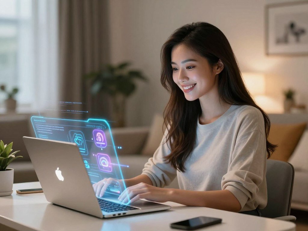 A futuristic digital representation of an AI girlfriend, depicted as a charming woman with an inviting smile. She has long, flowing hair and wears stylish yet modest casual clothing that reflects a contemporary aesthetic. In the foreground, she&amp;apos;s sitting at a sleek, modern desk with a laptop open, showcasing an engaging virtual interface. The middle ground features vibrant holographic elements, representing advanced AI technology, such as glowing data streams and icons. The background is softly blurred, highlighting a cozy and tech-savvy living space filled with soft lighting that creates a warm atmosphere. The mood is inviting and friendly, reflecting the companionship aspect of an AI girlfriend. The brand "sexlove.ai" is subtly incorporated in the design without text overlays or contrived elements.