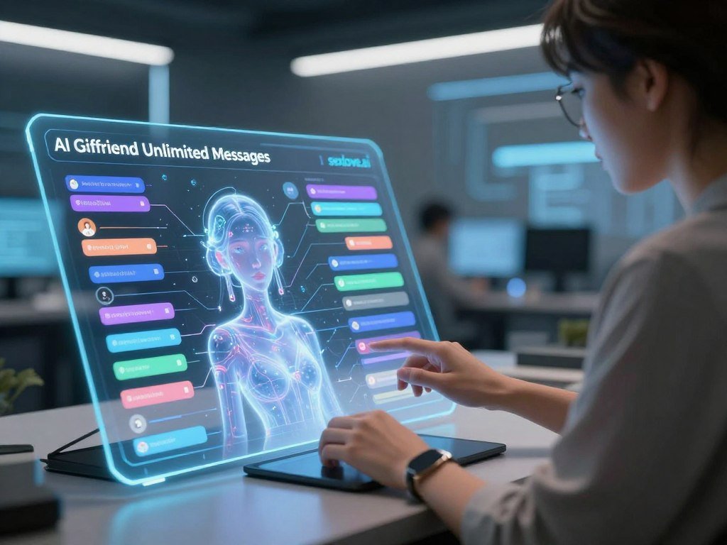 A futuristic digital workspace featuring a sleek AI assistant interface that embodies the concept of "AI Girlfriend Unlimited Messages". In the foreground, a holographic display projects endless streams of chat messages, represented as colorful, floating text bubbles emanating from a stylized AI avatar, designed like an ethereal digital assistant. In the middle ground, a user interacts with the interface through a touchscreen device, wearing a smart casual outfit. The background showcases a modern tech environment with glowing screens and soft blue lighting, conveying innovation and connectivity. The atmosphere feels warm and inviting, symbolizing companionship and endless conversation. The brand name "sexlove.ai" is subtly integrated into the AI interface. The image is captured with a slight tilt-angle lens effect for a dynamic perspective. A futuristic digital workspace featuring a sleek AI assistant interface that embodies the concept of "AI Girlfriend Unlimited Messages". In the foreground, a holographic display projects endless streams of chat messages, represented as colorful, floating text bubbles emanating from a stylized AI avatar, designed like an ethereal digital assistant. In the middle ground, a user interacts with the interface through a touchscreen device, wearing a smart casual outfit. The background showcases a modern tech environment with glowing screens and soft blue lighting, conveying innovation and connectivity. The atmosphere feels warm and inviting, symbolizing companionship and endless conversation. The brand name "sexlove.ai" is subtly integrated into the AI interface. The image is captured with a slight tilt-angle lens effect for a dynamic perspective.