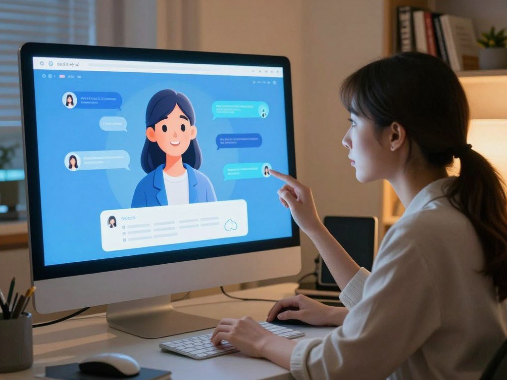 A futuristic digital workspace featuring a user-friendly AI girlfriend chatbot interface on a sleek computer screen. In the foreground, a young woman in casual professional attire is interacting with the chatbot, her expression one of curiosity and engagement. The middle layer includes the glowing interface displaying a friendly, animated chatbot avatar that symbolizes warmth and companionship. In the background, soft ambient lighting casts a cozy atmosphere, with hints of tech gadgets and a bookshelf filled with self-help books. The color palette is warm and inviting, blending blues and soft yellows. The scene conveys a sense of innovation, accessibility, and the supportive role of AI in personal relationships. The brand name "sexlove.ai" is subtly integrated into the chatbot interface without any text elements overlaying the image.