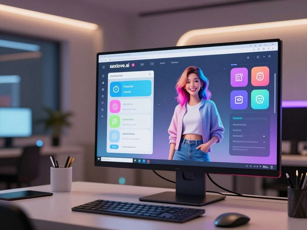 A futuristic digital workspace showcasing customization features for an AI girlfriend. In the foreground, a sleek computer screen displays an interactive platform with options for personality style, appearance customization, and background settings. Bright, colorful icons represent various traits like "cheerful," "intelligent," and "adventurous." In the middle, a holographic figure of an AI girlfriend with diverse styles&mdash;one with a friendly smile, a casual outfit, and multi-colored hair&mdash;illustrates adaptability. The background features a modern, high-tech room with soft ambient lighting, accentuating a cozy atmosphere. Use a wide-angle lens perspective to capture the entire setup vivaciously, creating an inviting and innovative mood. The brand name "sexlove.ai" is subtly integrated into the design elements without drawing attention away from the customization theme.