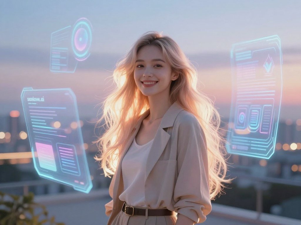 A futuristic, dreamlike setting featuring a virtual AI girlfriend, designed as an ethereal figure with soft, glowing features. In the foreground, she stands confidently with a warm and inviting smile, dressed in a stylish, modest outfit, blending elements of modern fashion and virtual aesthetics. Her long, flowing hair glimmers softly under ambient light. In the middle ground, a gently lit digital environment is filled with holographic interfaces and floating digital elements, reflecting a serene yet advanced technology theme. The background reveals a tranquil, softly illuminated cityscape, suggesting a harmonious blend of nature and innovation. The composition should convey a sense of connection and companionship, with a soft focus and warm color palette. Incorporate the brand name "sexlove.ai" subtly into the scene, ensuring it contributes to the overall atmosphere without being intrusive.