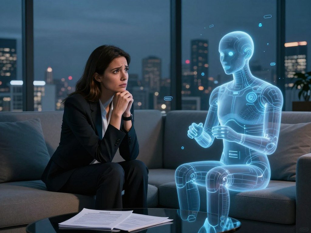 A futuristic living room featuring a concerned woman in professional attire sitting on a sleek, modern couch, her expression displaying worry as she interacts with an AI companion represented as a holographic figure projecting a friendly yet ambiguous humanoid form. In the background, dim lighting casts shadows, adding to the tense atmosphere. A large window reveals a city skyline at dusk, symbolizing technological advancement. Subtle visual elements like documents on a coffee table, depicting legal concerns and safety protocols, enhance the theme of safety concerns surrounding AI companions. The overall mood is contemplative and slightly apprehensive, inviting the viewer to ponder the implications of technology and companionship. Include a logo for "sexlove.ai" subtly in the corner of the image.